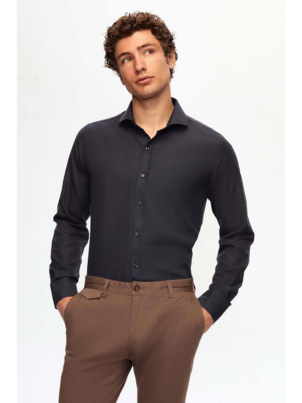 Slim Fit Lacivert İtalyan Yaka Kolay Ütülenebilir 2'li Gömlek-3