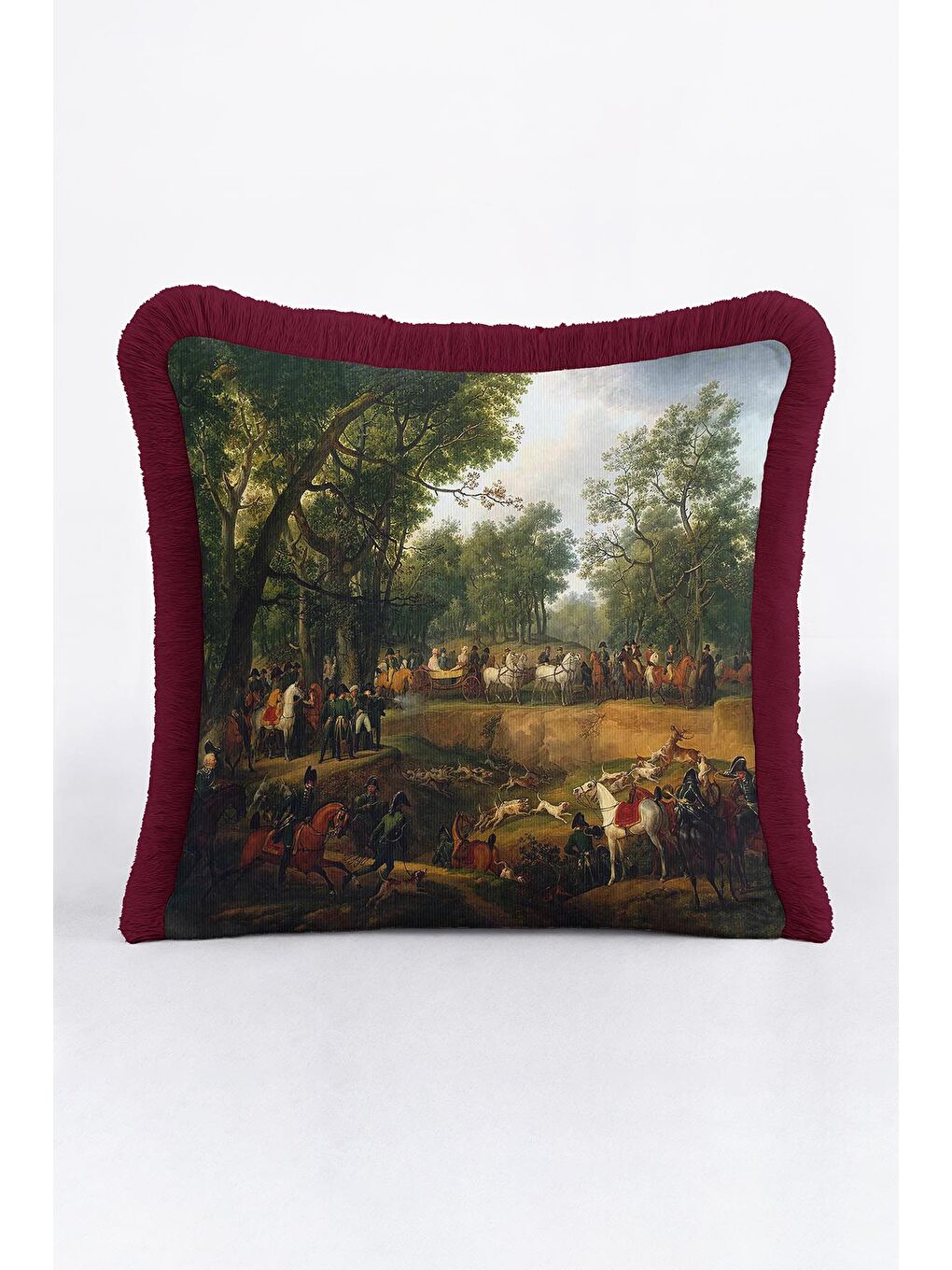 Karışık Avangart Av Sahnesi Saçaklı Yastık Kılıfı - Klasik Orman Temalı Bordo Püsküllü Kırlent Kılıfı-1