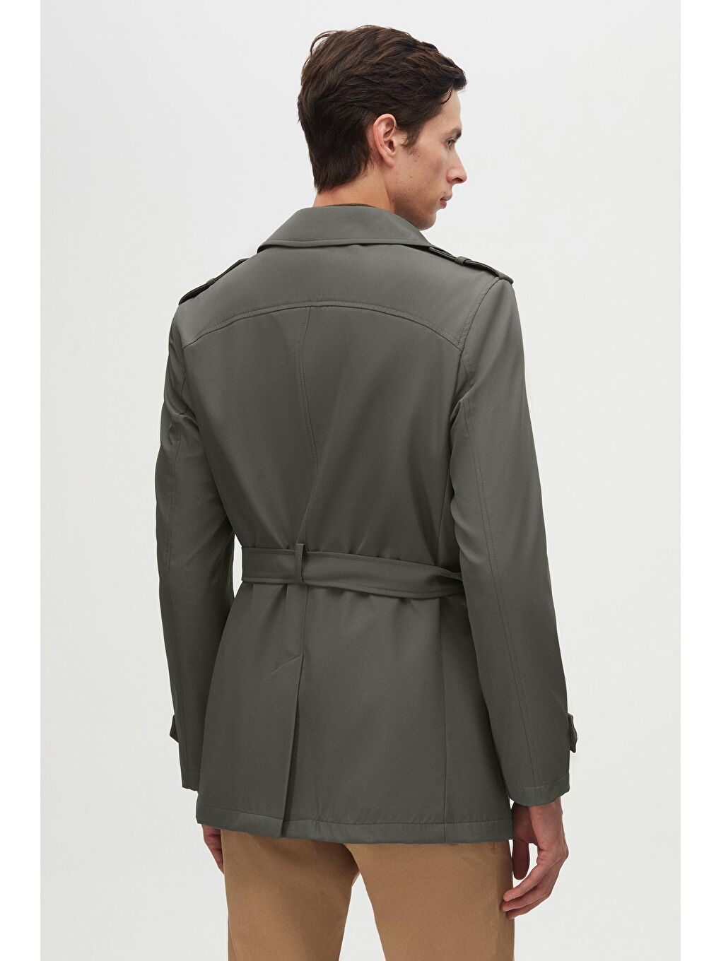 Regular Fit Haki Apoletli Beli Kemerli Pardösü/Trenckot-5