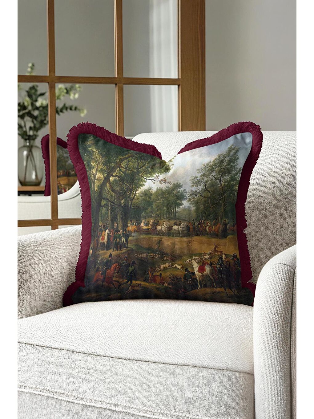 Karışık Avangart Av Sahnesi Saçaklı Yastık Kılıfı - Klasik Orman Temalı Bordo Püsküllü Kırlent Kılıfı-2