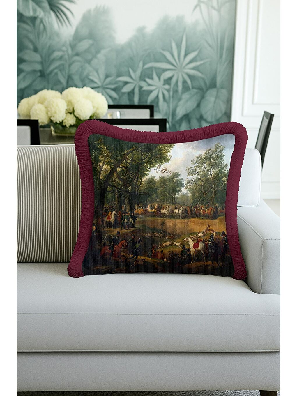 Karışık Avangart Av Sahnesi Saçaklı Yastık Kılıfı - Klasik Orman Temalı Bordo Püsküllü Kırlent Kılıfı-3