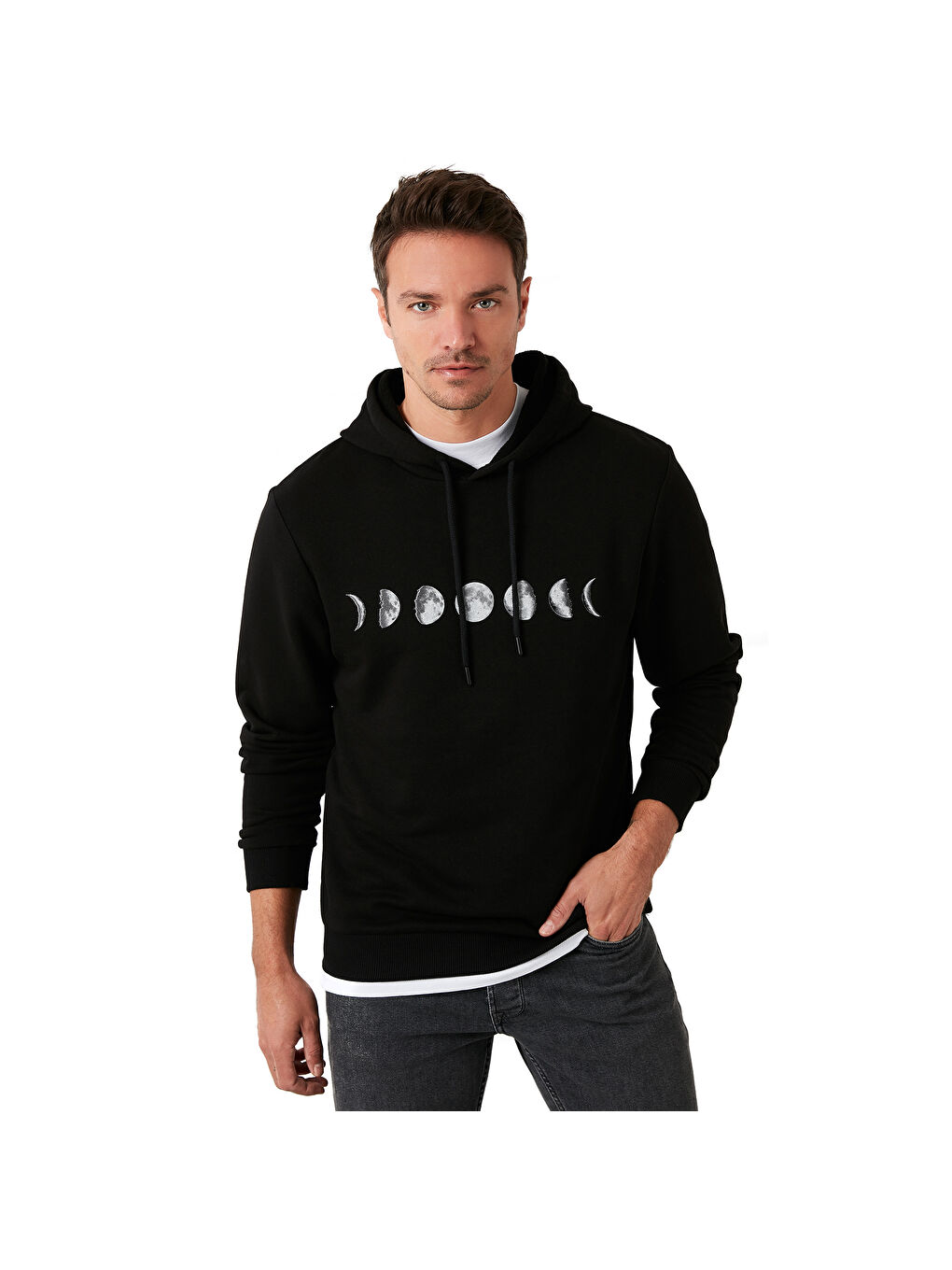 Siyah Pamuklu Baskılı Kapüşonlu Slim Fit Erkek Sweat 5905238-7