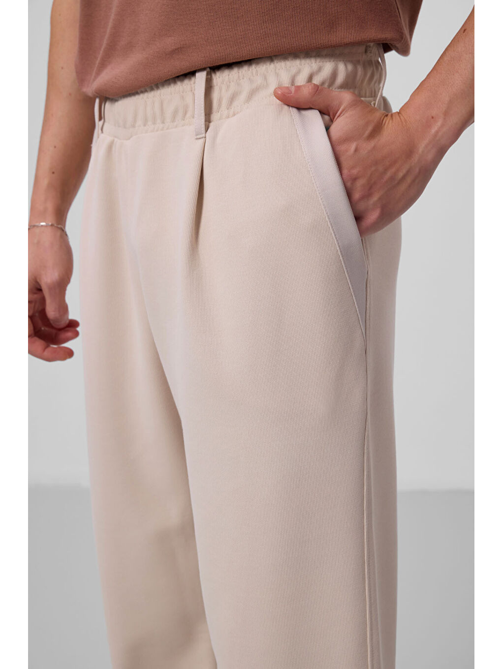 Bej Yüzeyi Dokulu Rahat Form Palazzo  Erkek Pantolon - 82163-4