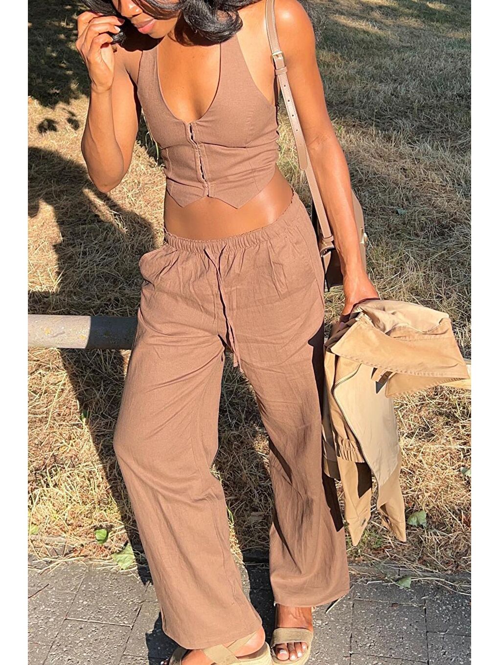 Kahverengi Beli Büzgülü Wide Leg Kumaş Pantolon Mg1950-5