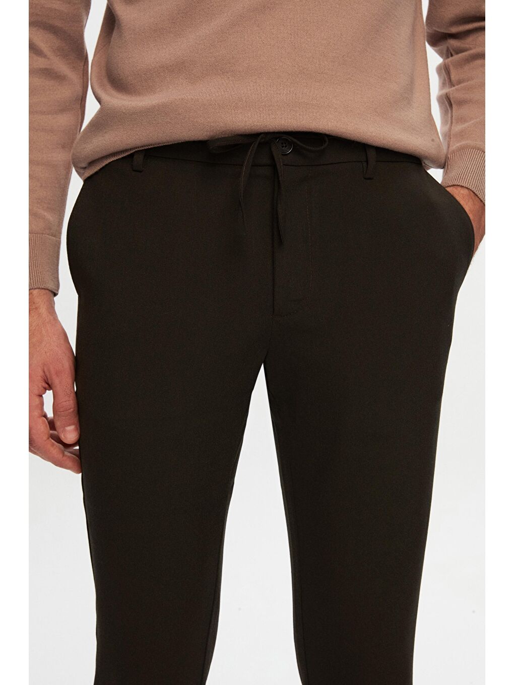 Slim Fit Haki Beli Lastikli İpli Fermuarlı Elastanlı Rahat Jogger Pantolon-1