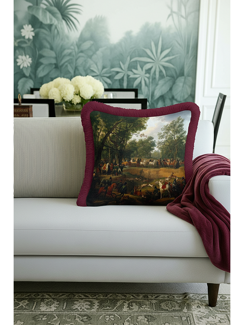 Karışık Avangart Av Sahnesi Saçaklı Yastık Kılıfı - Klasik Orman Temalı Bordo Püsküllü Kırlent Kılıfı-4