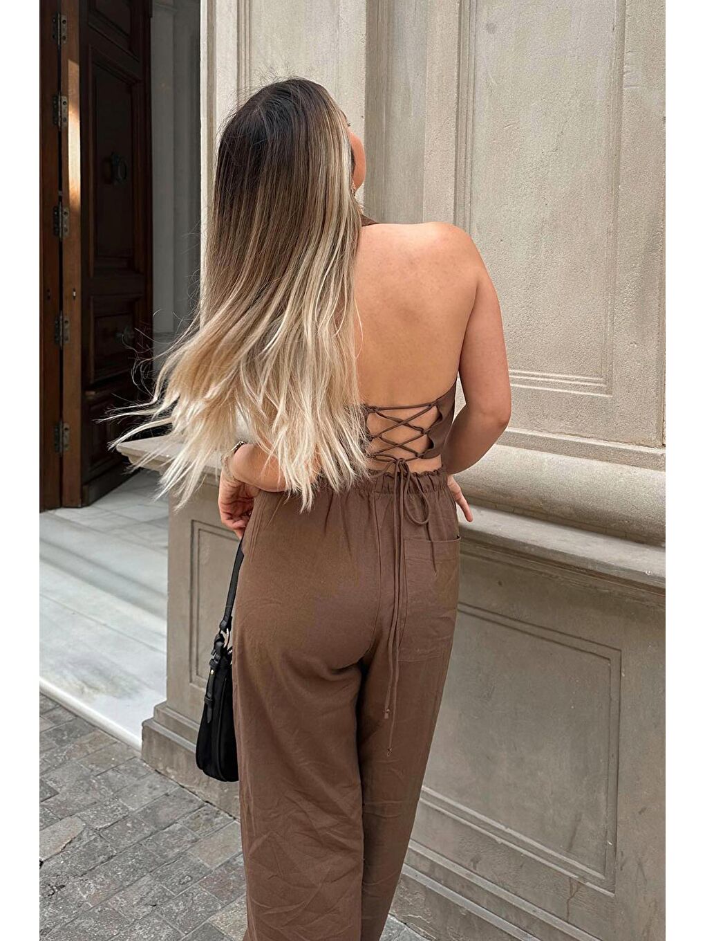 Kahverengi Beli Büzgülü Wide Leg Kumaş Pantolon Mg1950-6