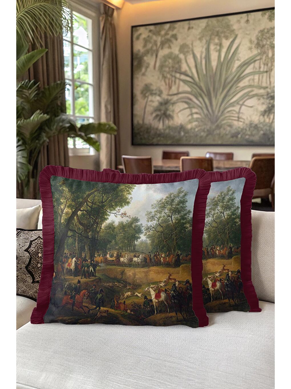 Karışık Avangart Av Sahnesi Saçaklı Yastık Kılıfı - Klasik Orman Temalı Bordo Püsküllü Kırlent Kılıfı-5