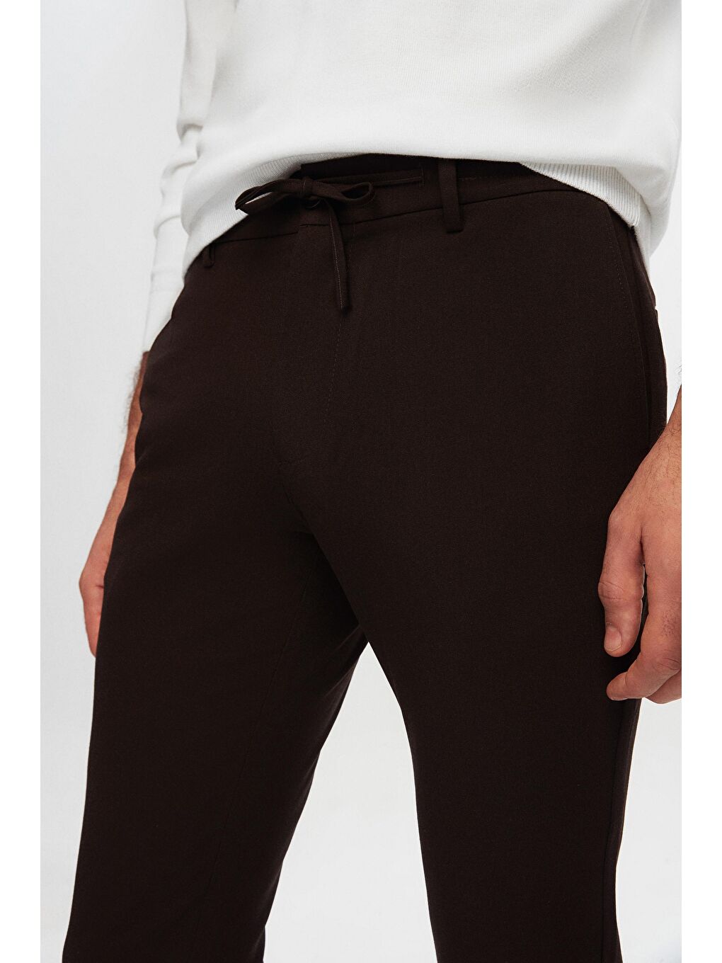 Slim Fit Kahverengi Beli Lastikli İpli Fermuarlı Elastanlı Rahat Jogger Pantolon-1
