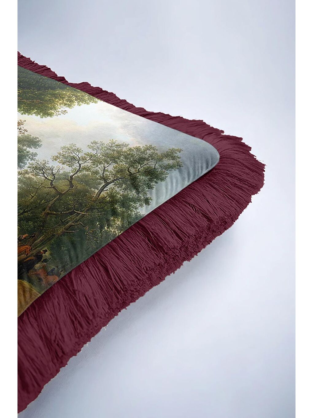 Karışık Avangart Av Sahnesi Saçaklı Yastık Kılıfı - Klasik Orman Temalı Bordo Püsküllü Kırlent Kılıfı-6