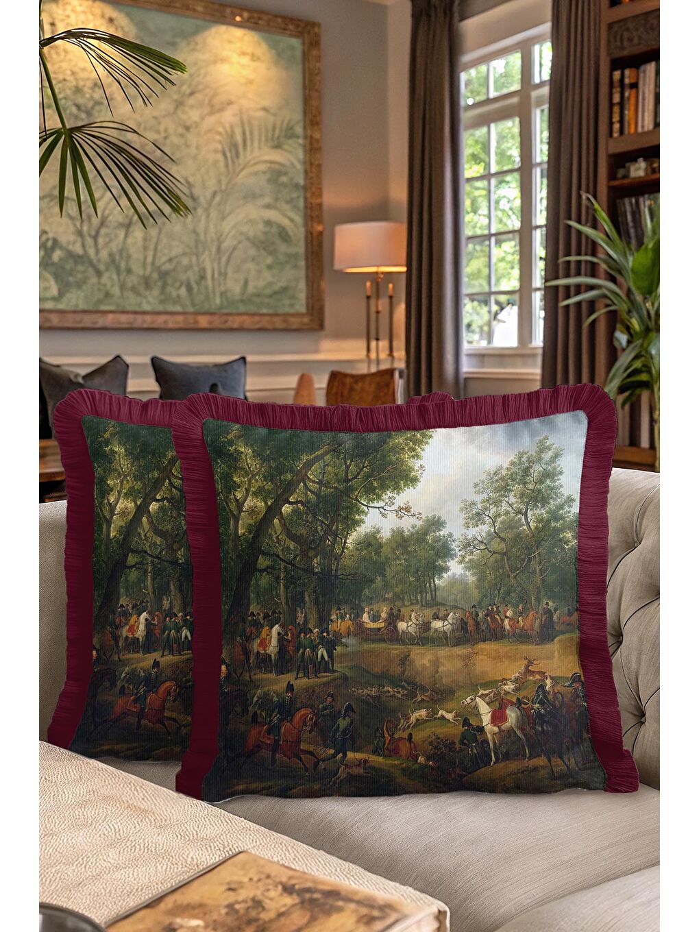 Karışık Avangart Av Sahnesi Saçaklı Yastık Kılıfı - Klasik Orman Temalı Bordo Püsküllü Kırlent Kılıfı-7
