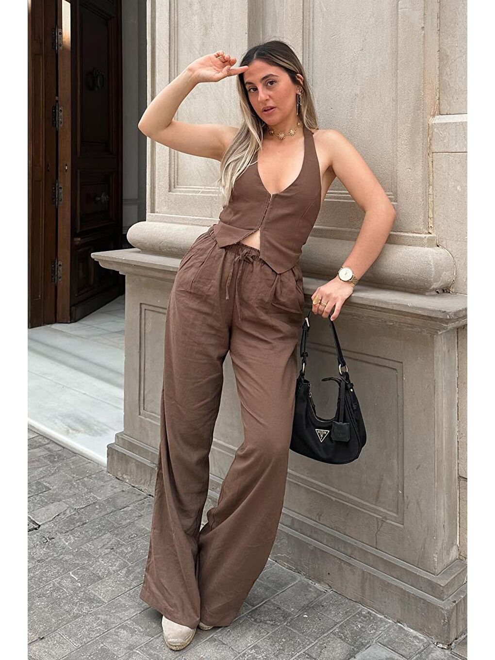 Kahverengi Beli Büzgülü Wide Leg Kumaş Pantolon Mg1950-8