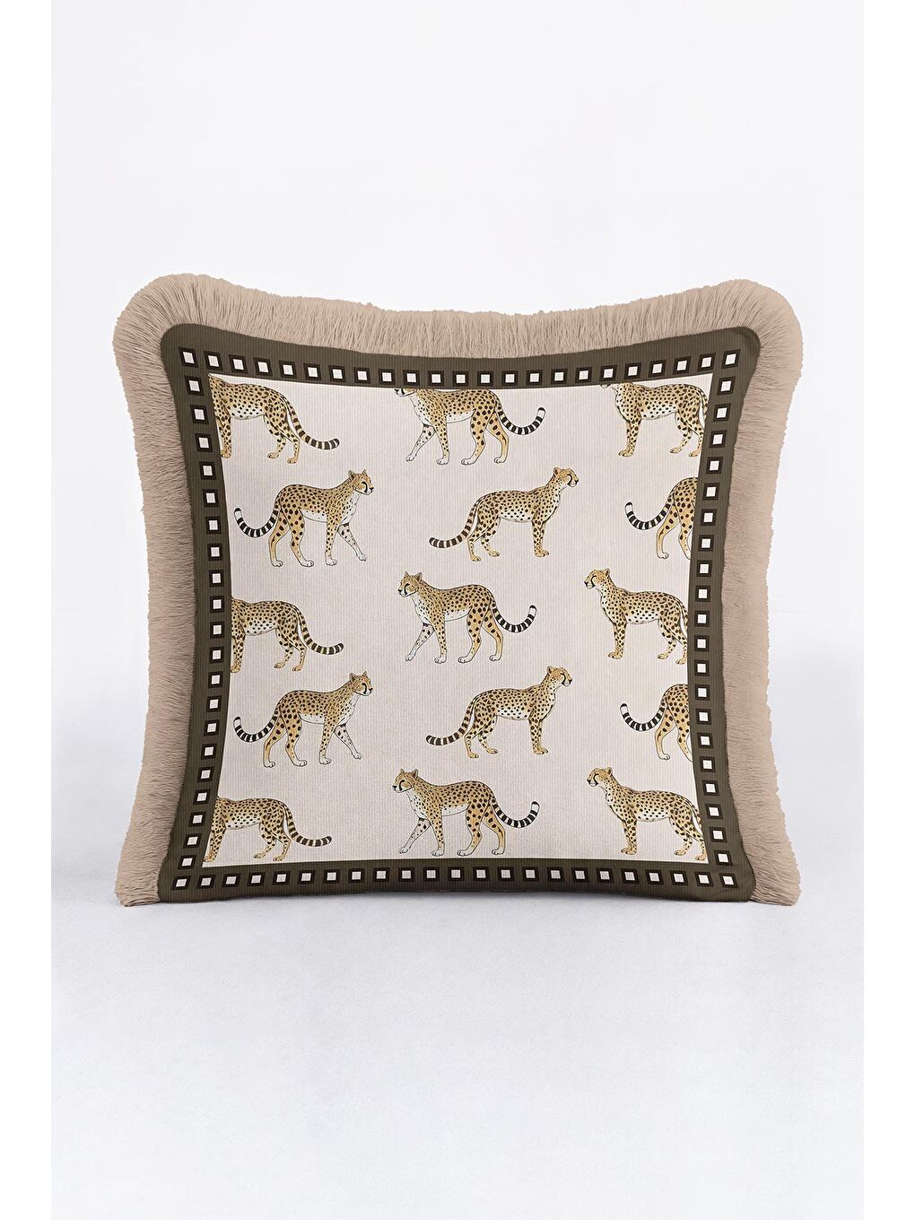 Karışık Zarif Leopar Figürlü Saçaklı Yastık Kılıfı - Safari Vahşi Doğa Bohem Bej Püsküllü Kırlent Kılıfı-2