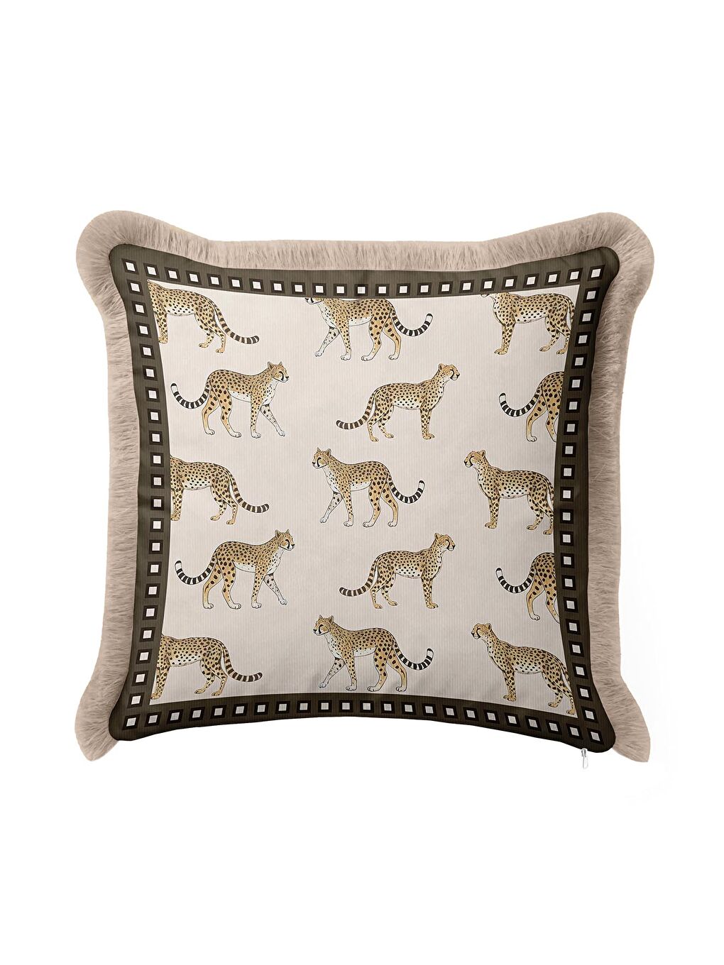 Karışık Zarif Leopar Figürlü Saçaklı Yastık Kılıfı - Safari Vahşi Doğa Bohem Bej Püsküllü Kırlent Kılıfı-4