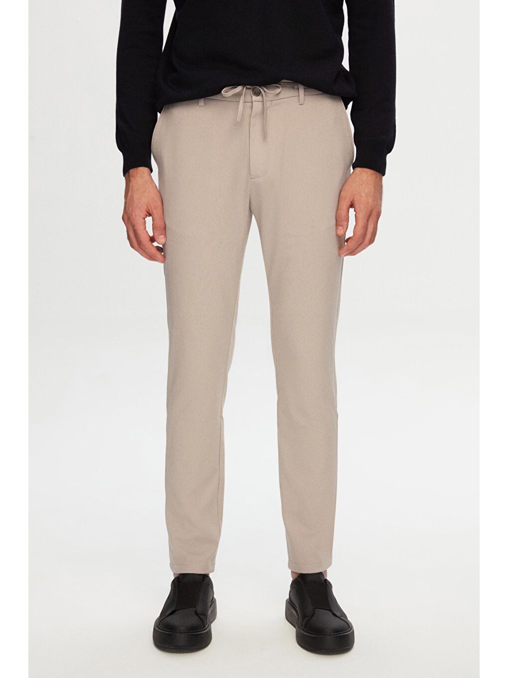 Slim Fit Bej Beli Lastikli İpli Fermuarlı Elastanlı Rahat Jogger Pantolon