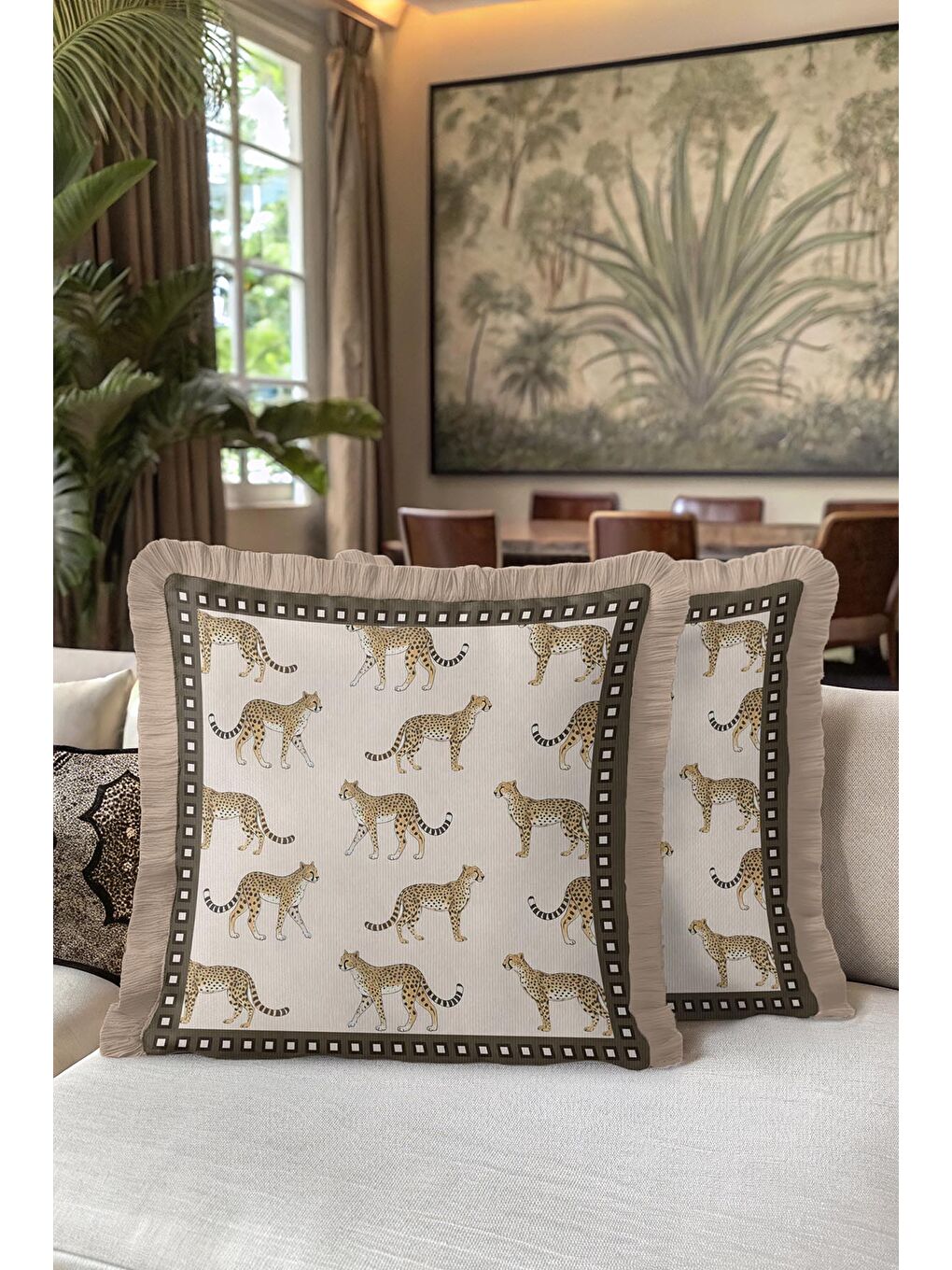 Karışık Zarif Leopar Figürlü Saçaklı Yastık Kılıfı - Safari Vahşi Doğa Bohem Bej Püsküllü Kırlent Kılıfı-5