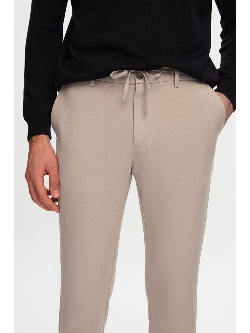 Slim Fit Bej Beli Lastikli İpli Fermuarlı Elastanlı Rahat Jogger Pantolon-1