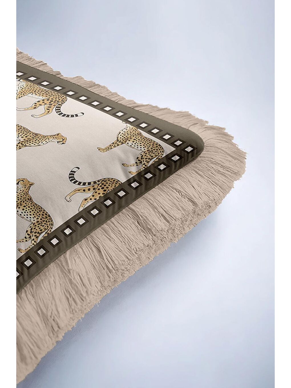 Karışık Zarif Leopar Figürlü Saçaklı Yastık Kılıfı - Safari Vahşi Doğa Bohem Bej Püsküllü Kırlent Kılıfı-6