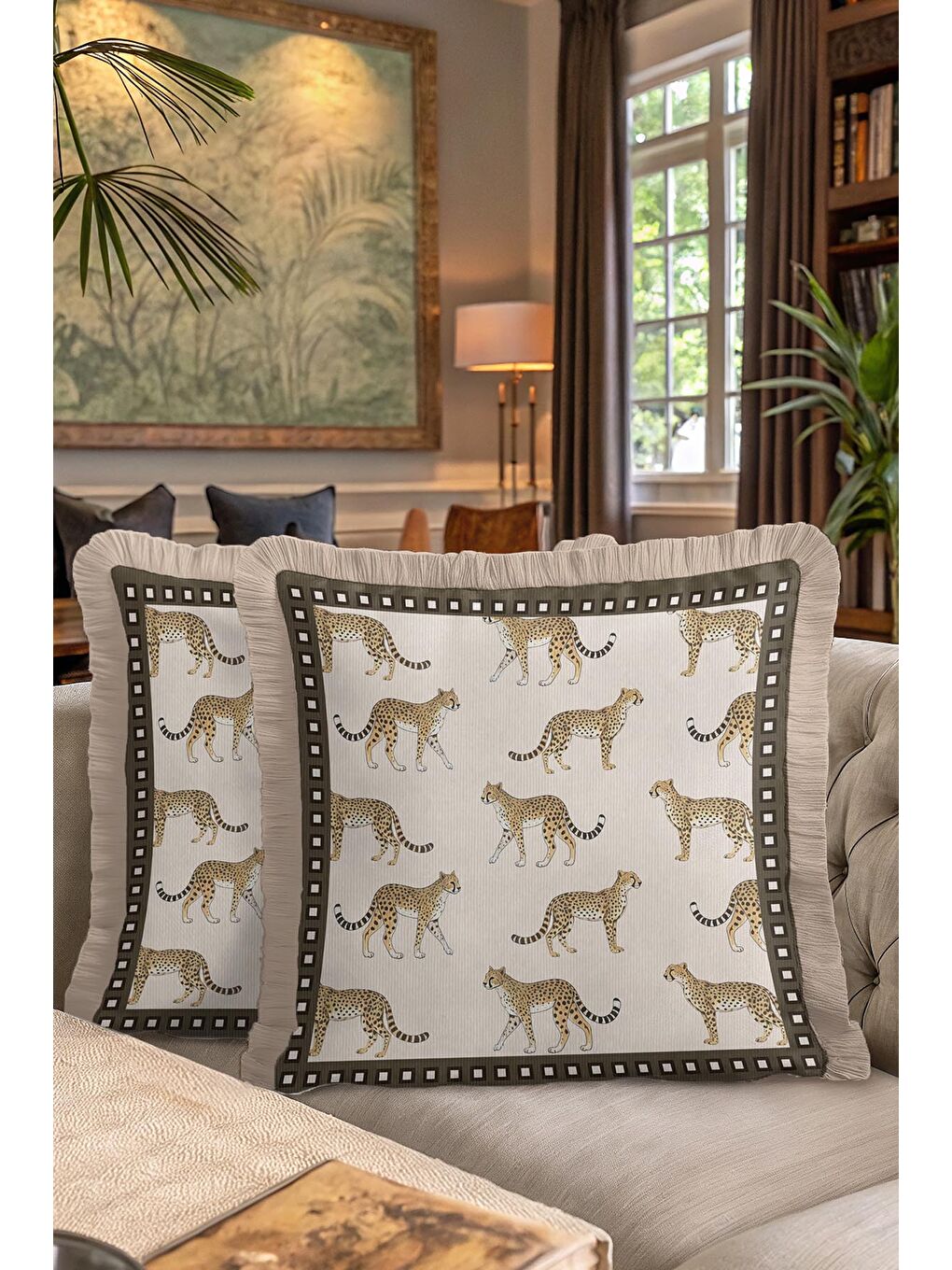 Karışık Zarif Leopar Figürlü Saçaklı Yastık Kılıfı - Safari Vahşi Doğa Bohem Bej Püsküllü Kırlent Kılıfı-7