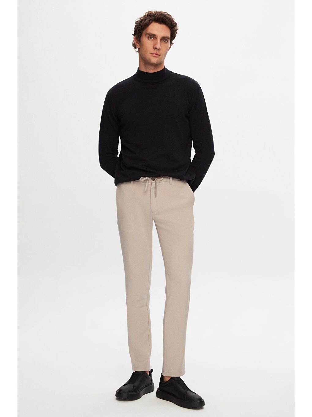 Slim Fit Bej Beli Lastikli İpli Fermuarlı Elastanlı Rahat Jogger Pantolon-5