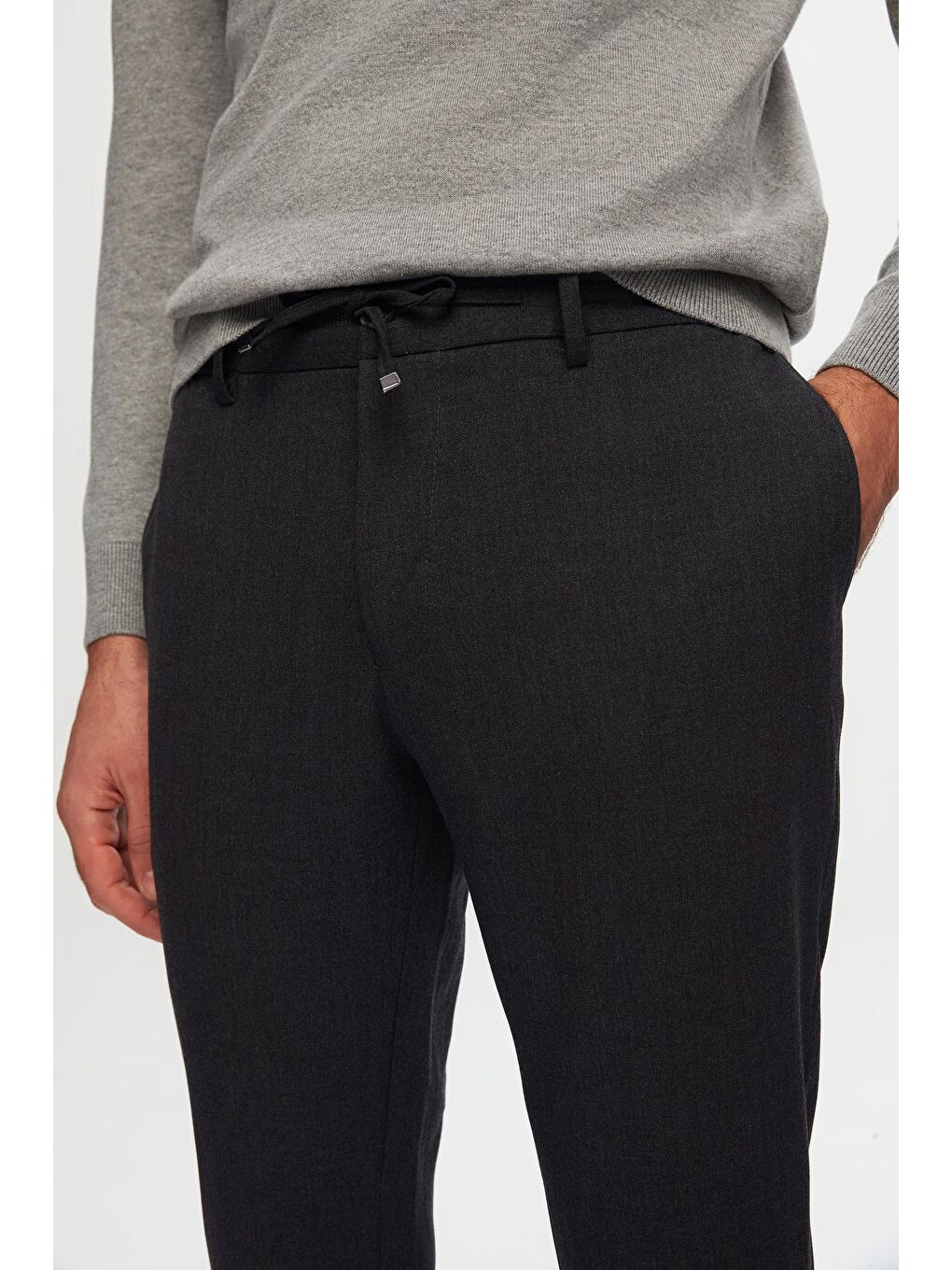 Slim Fit Antrasit Beli Lastikli İpli Fermuarlı Elastanlı Rahat Jogger Pantolon-1