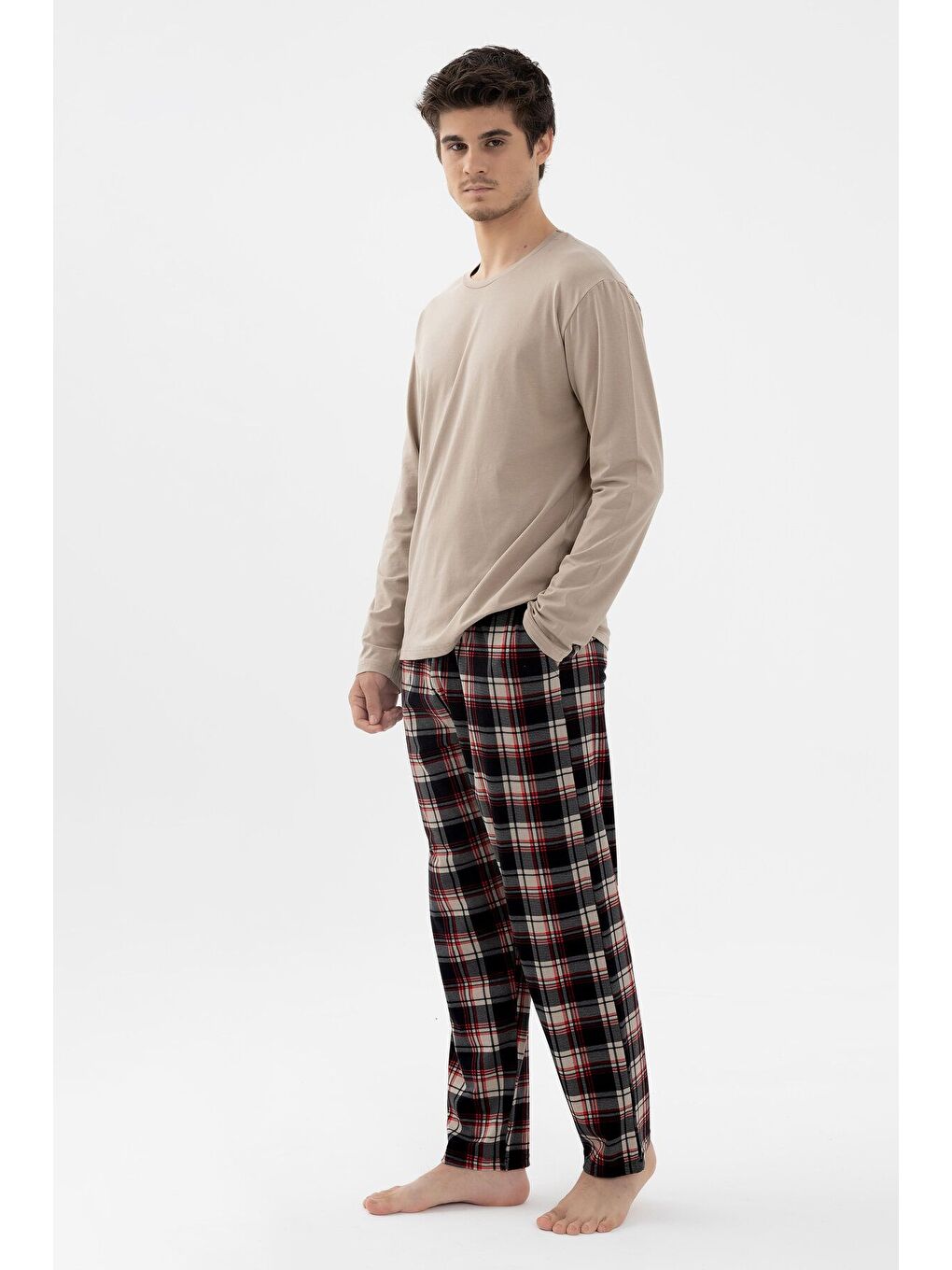 Koza İç Giyim Erkek Pamuklu Uzun Kollu Basic Siyah - Vizon Ekose Desenli Cep Detaylı Pijama Takımı - 5