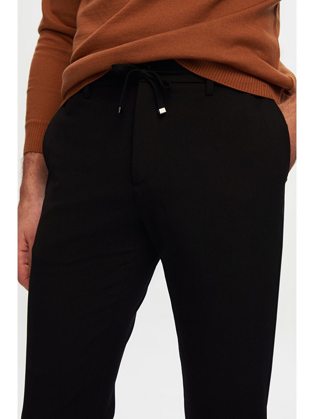 Slim Fit Siyah Beli Lastikli İpli Fermuarlı Elastanlı Rahat Jogger Pantolon-1