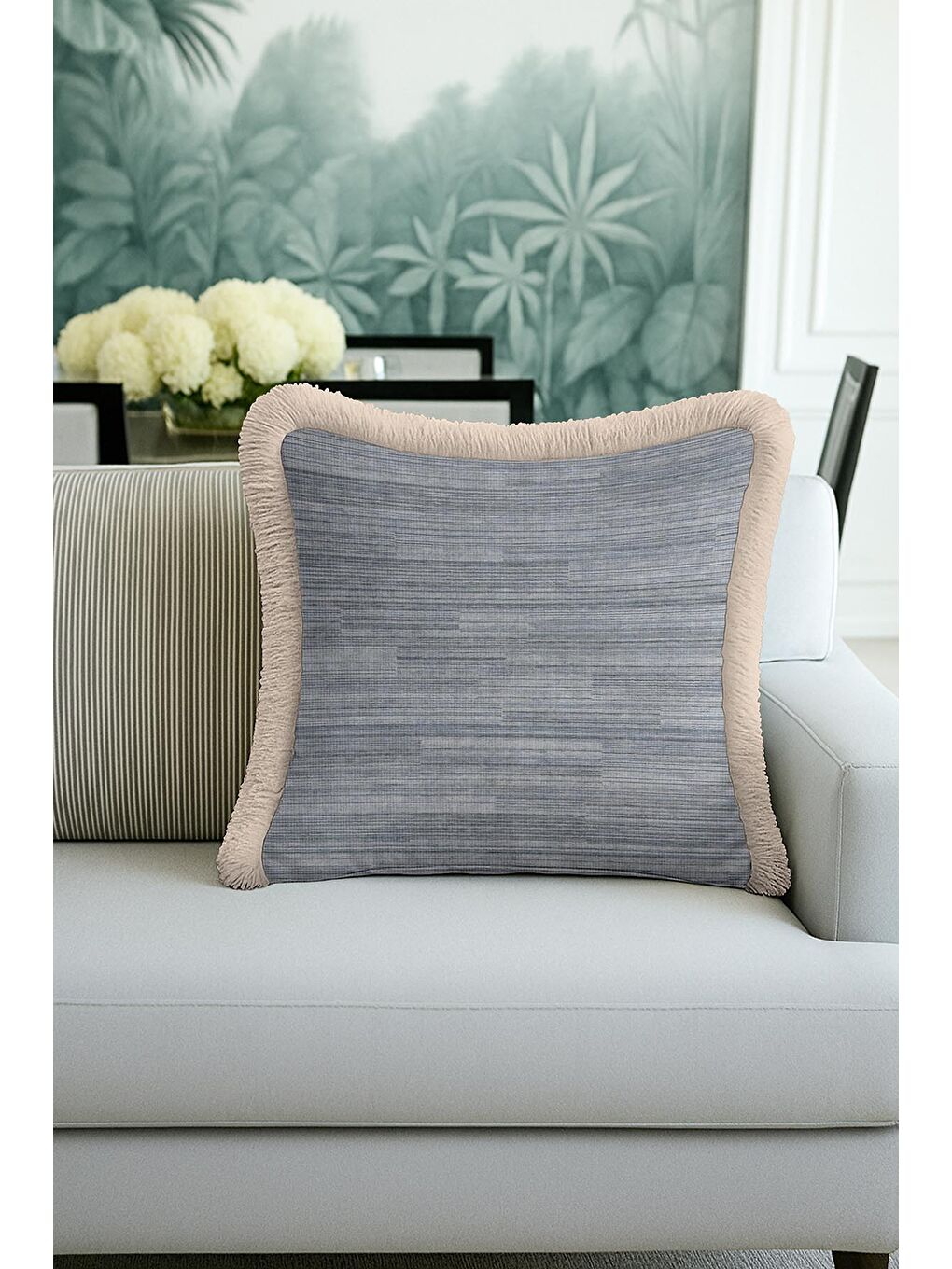 Karışık Lüks Modern Saçaklı Yastık Kılıfı - Doğal Kumaş Dokulu Mavi Rustik Bej Püsküllü Kırlent Kılıfı-1