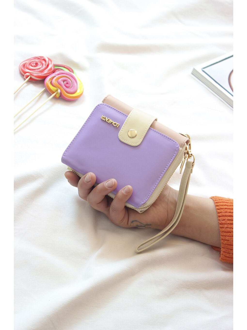 Lila Büyük Boy Renkli Kadın El Çantası ve Cüzdan
