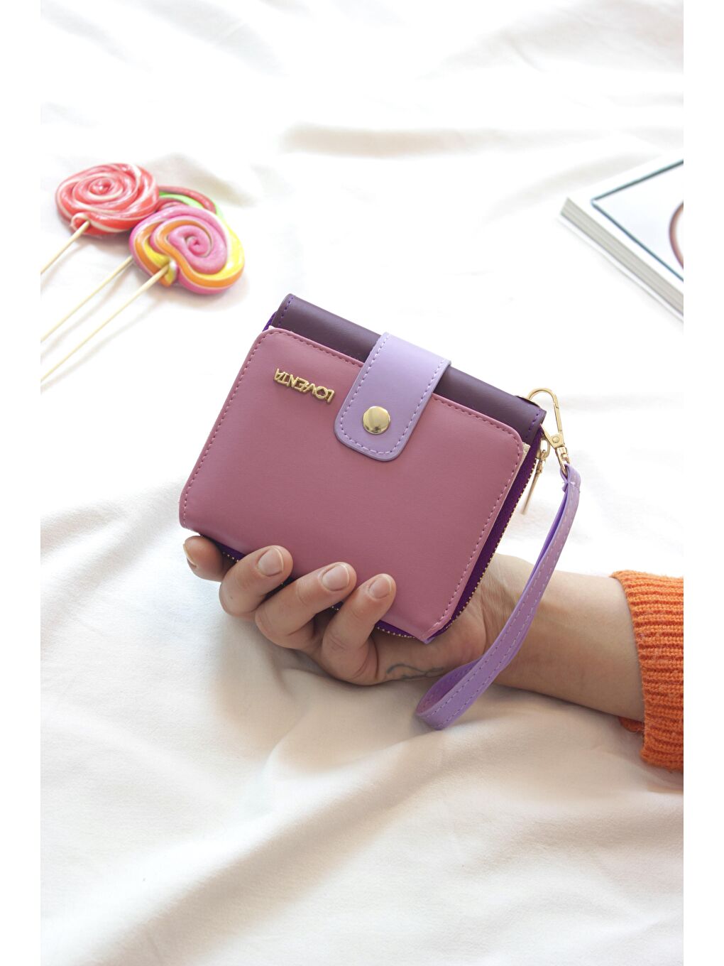 Mor Büyük Boy Renkli Kadın El Çantası ve Cüzdan