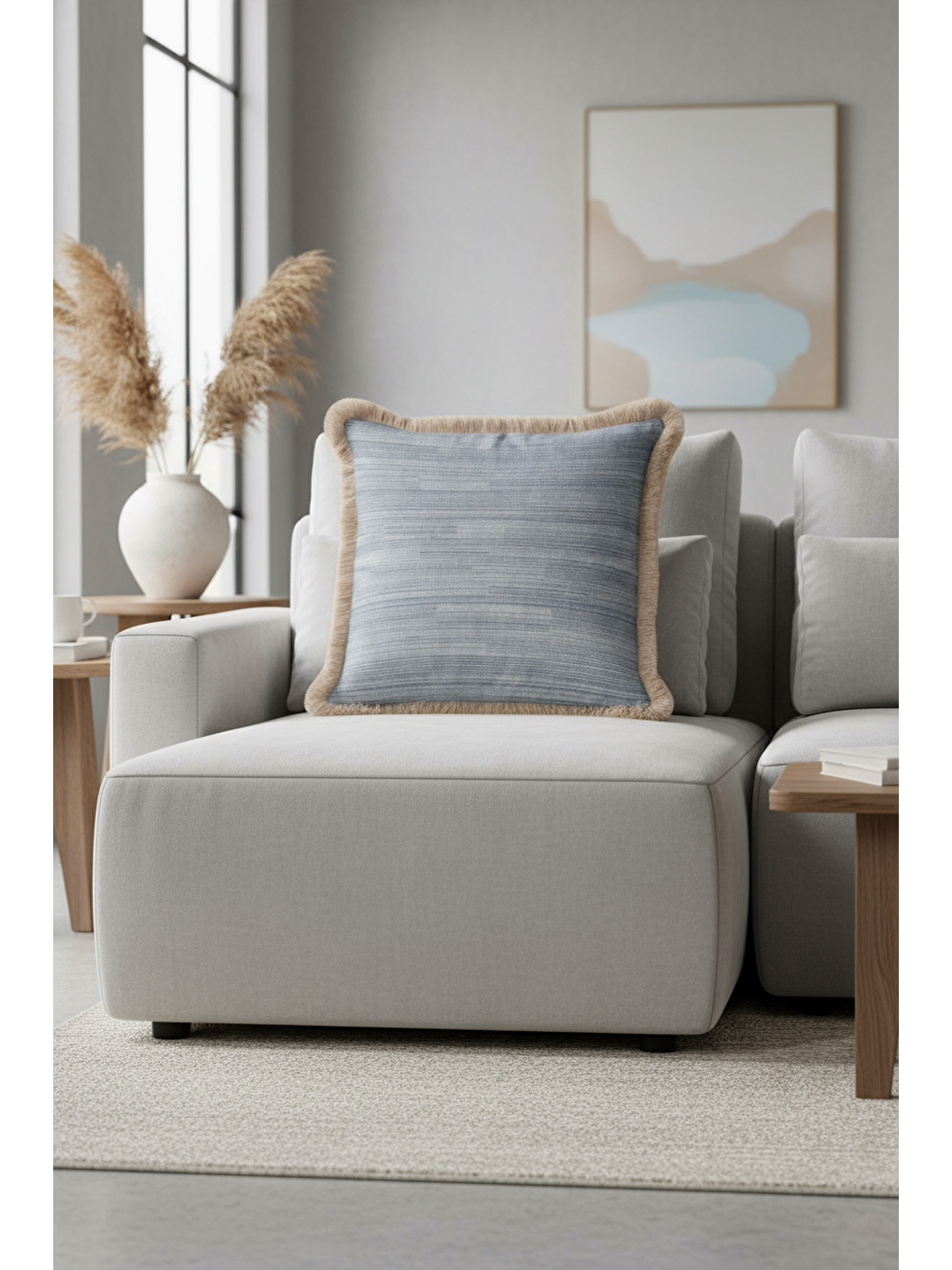 Karışık Lüks Modern Saçaklı Yastık Kılıfı - Doğal Kumaş Dokulu Mavi Rustik Bej Püsküllü Kırlent Kılıfı-3