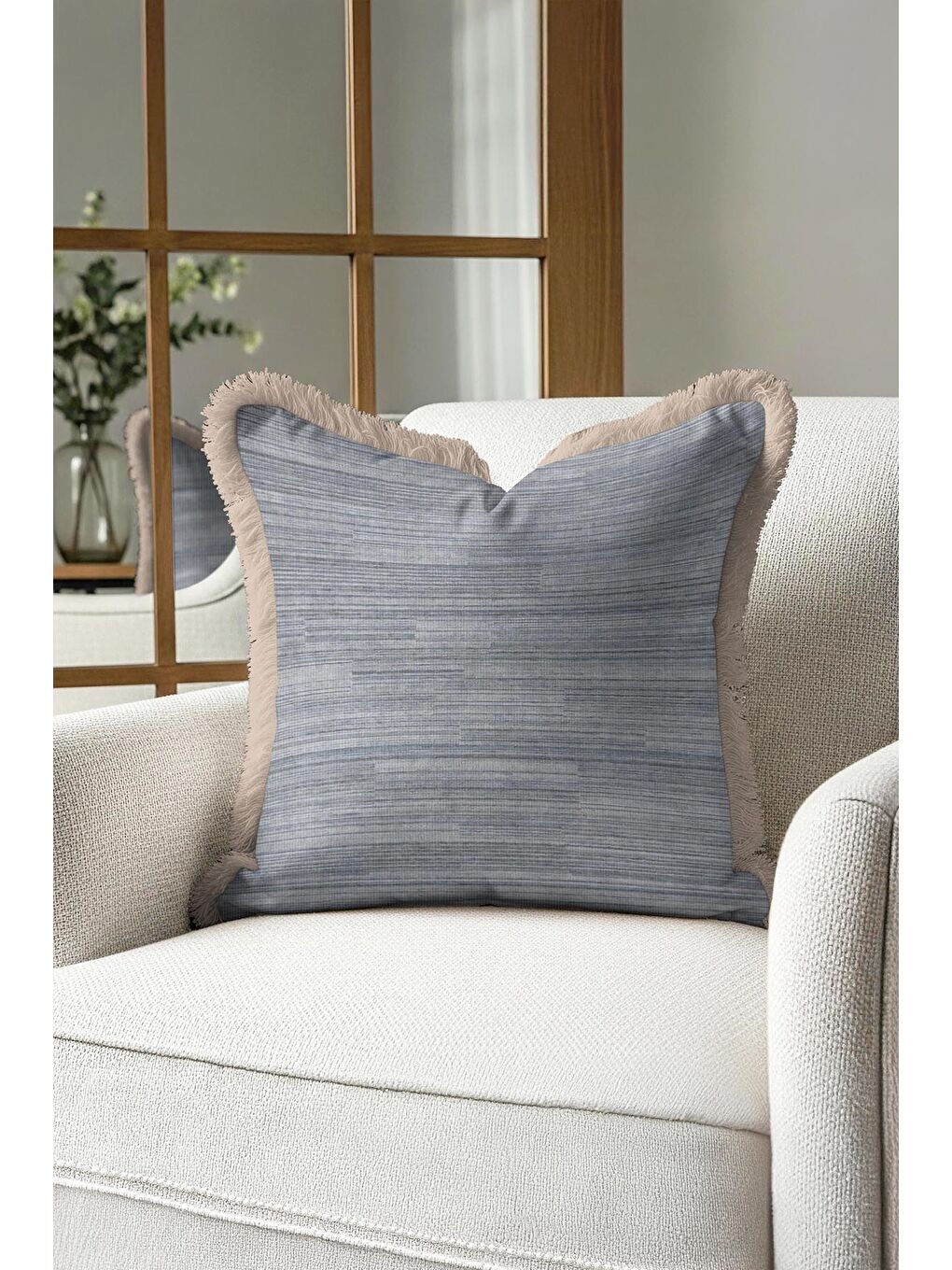 Karışık Lüks Modern Saçaklı Yastık Kılıfı - Doğal Kumaş Dokulu Mavi Rustik Bej Püsküllü Kırlent Kılıfı-4