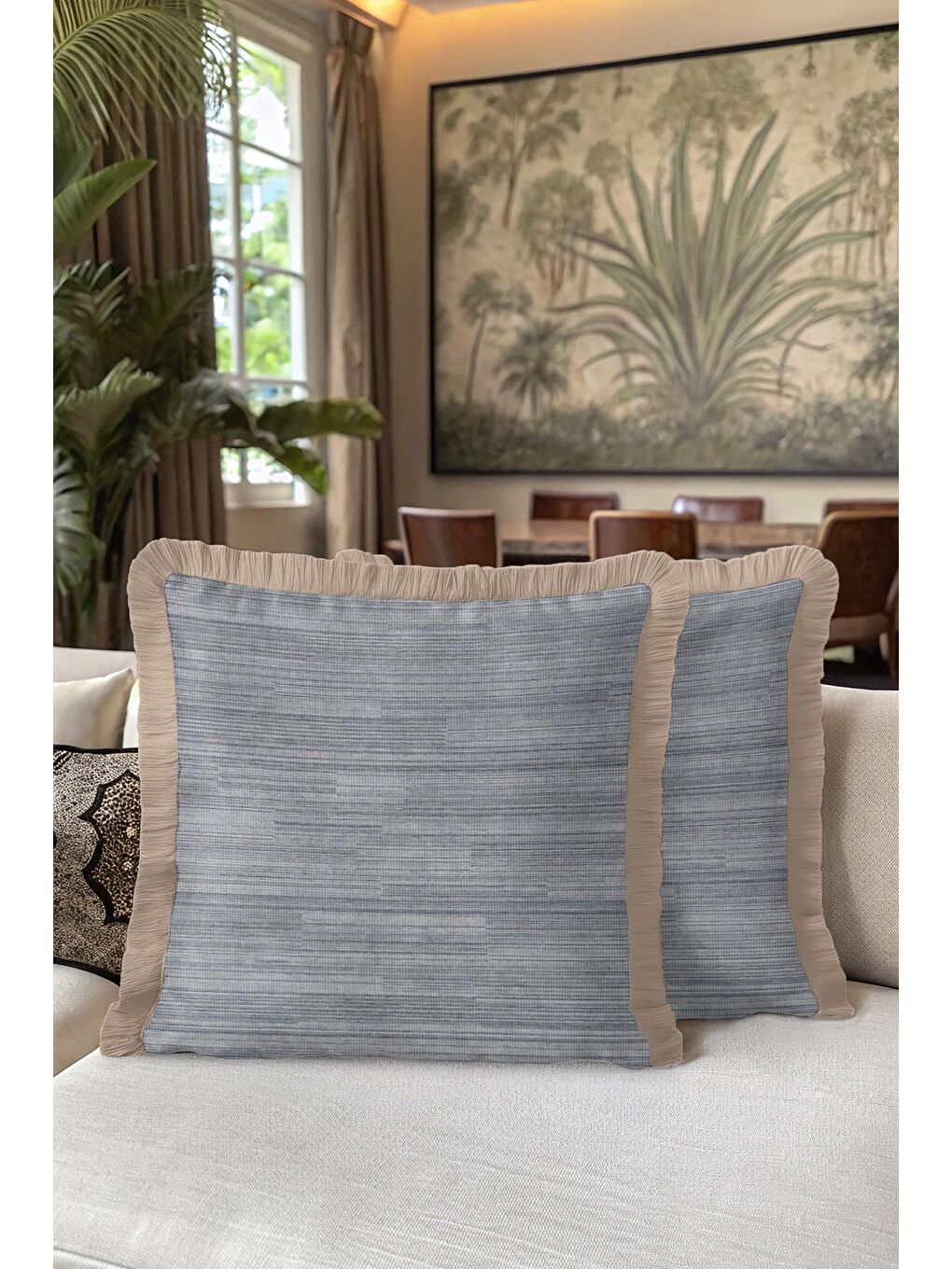 Karışık Lüks Modern Saçaklı Yastık Kılıfı - Doğal Kumaş Dokulu Mavi Rustik Bej Püsküllü Kırlent Kılıfı-5