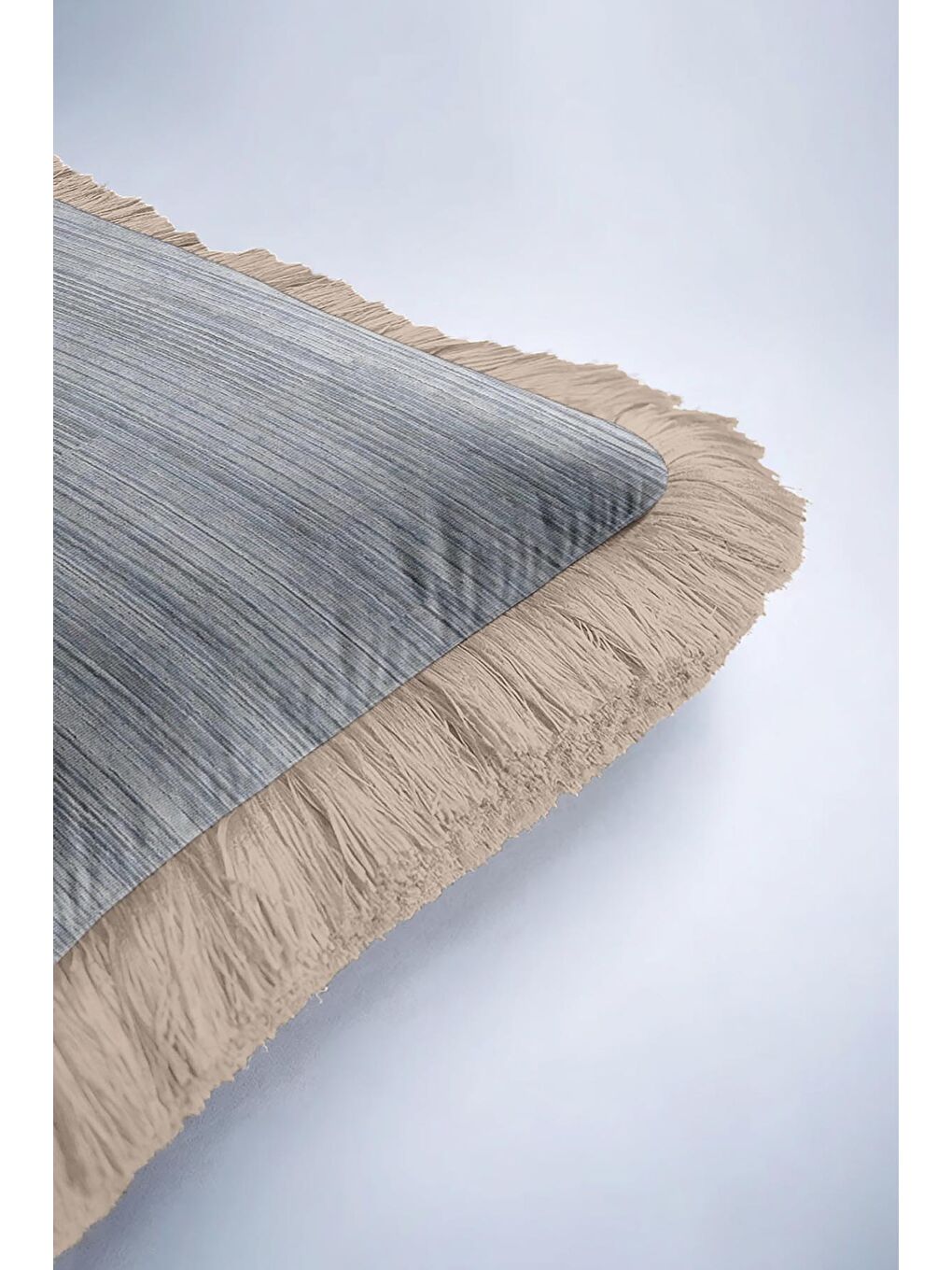Karışık Lüks Modern Saçaklı Yastık Kılıfı - Doğal Kumaş Dokulu Mavi Rustik Bej Püsküllü Kırlent Kılıfı-6
