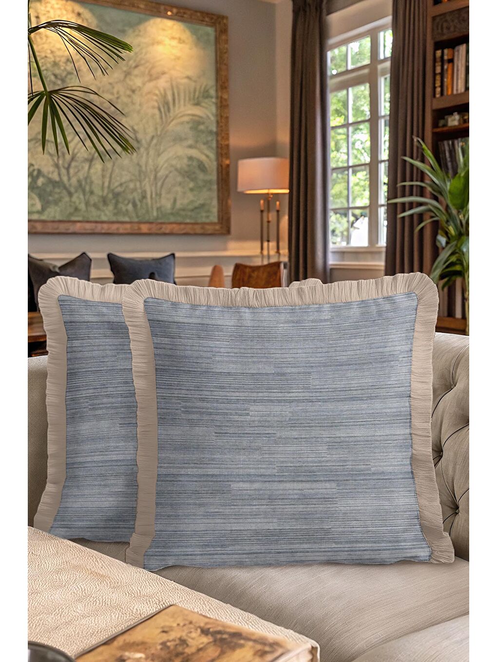 Karışık Lüks Modern Saçaklı Yastık Kılıfı - Doğal Kumaş Dokulu Mavi Rustik Bej Püsküllü Kırlent Kılıfı-7