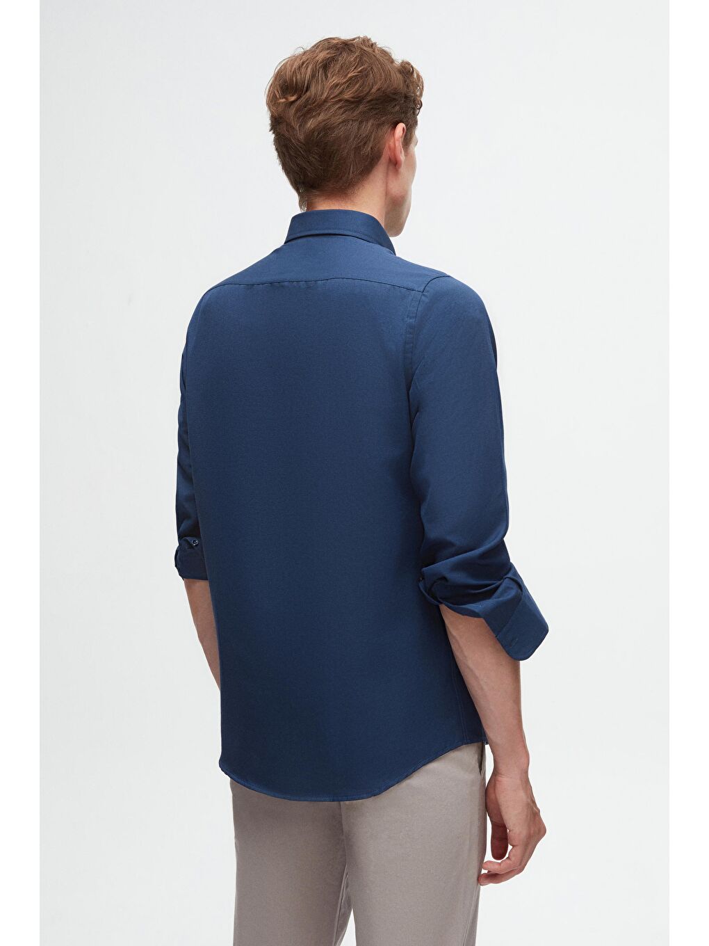 Slim Fit İndigo Oxford Düğmeli Yaka Kolay Ütülenebilir Nakış Detaylı Pamuklu Gömlek-3