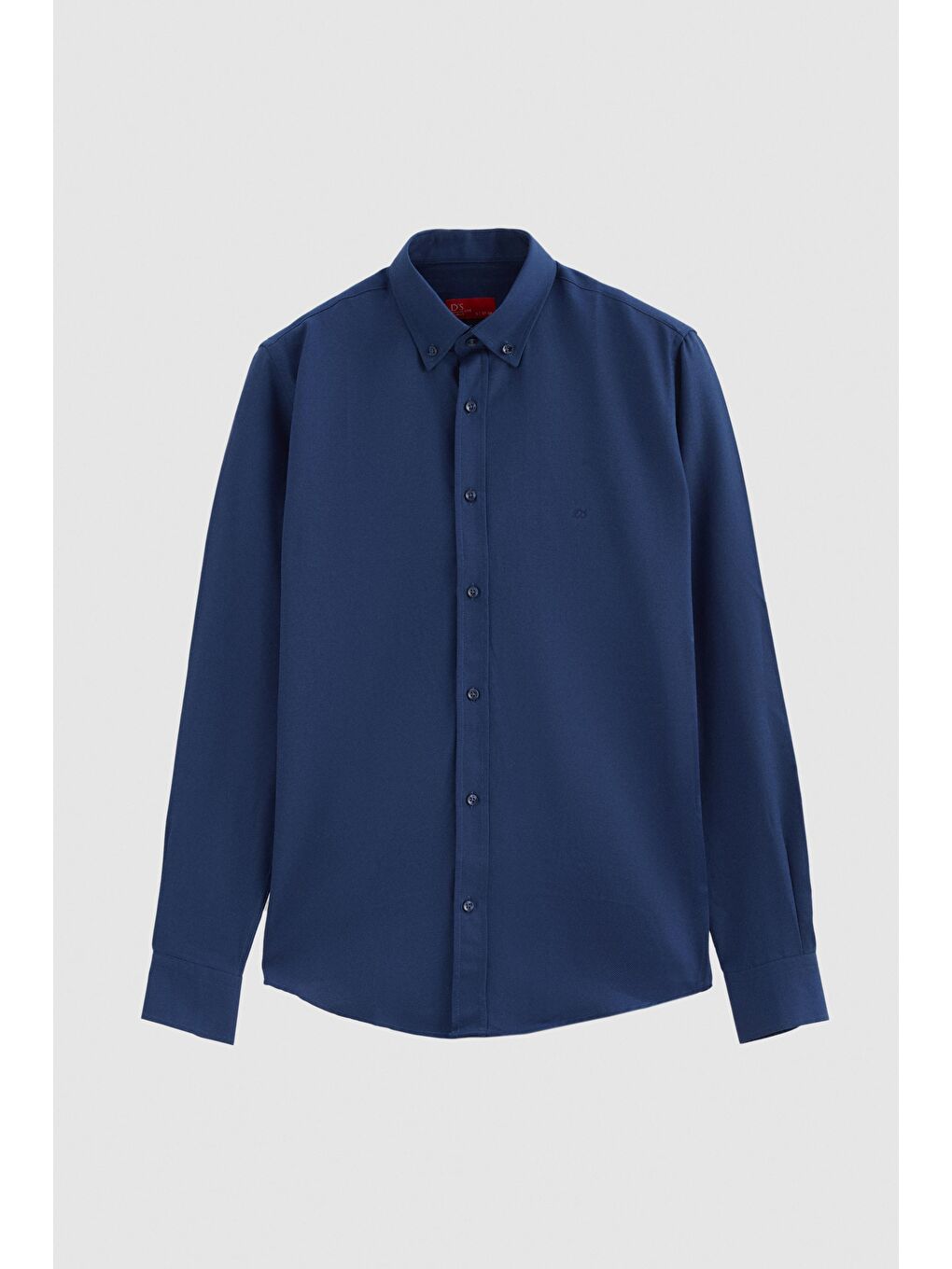Slim Fit İndigo Oxford Düğmeli Yaka Kolay Ütülenebilir Nakış Detaylı Pamuklu Gömlek-4