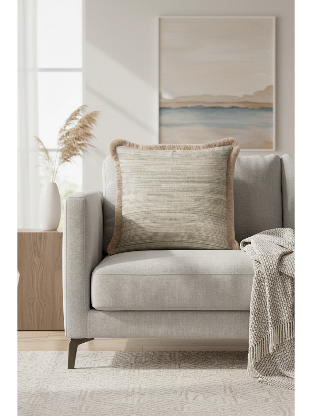 Karışık Lüks Dokulu Saçaklı Yastık Kılıfı - Doğal Bohem Bej Minimal Püsküllü Kırlent Kılıfı-4