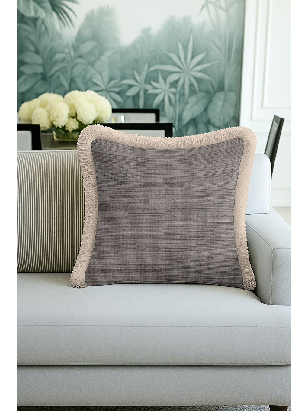 Karışık Zarif Dokulu Saçaklı Yastık Kılıfı - Minimalist Modern Gri Bej Püsküllü Kırlent Kılıfı-1