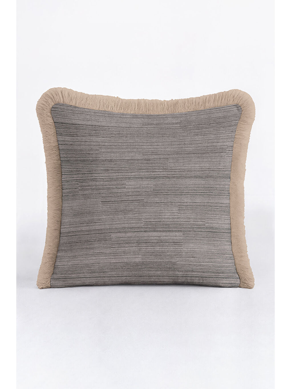 Karışık Zarif Dokulu Saçaklı Yastık Kılıfı - Minimalist Modern Gri Bej Püsküllü Kırlent Kılıfı-2