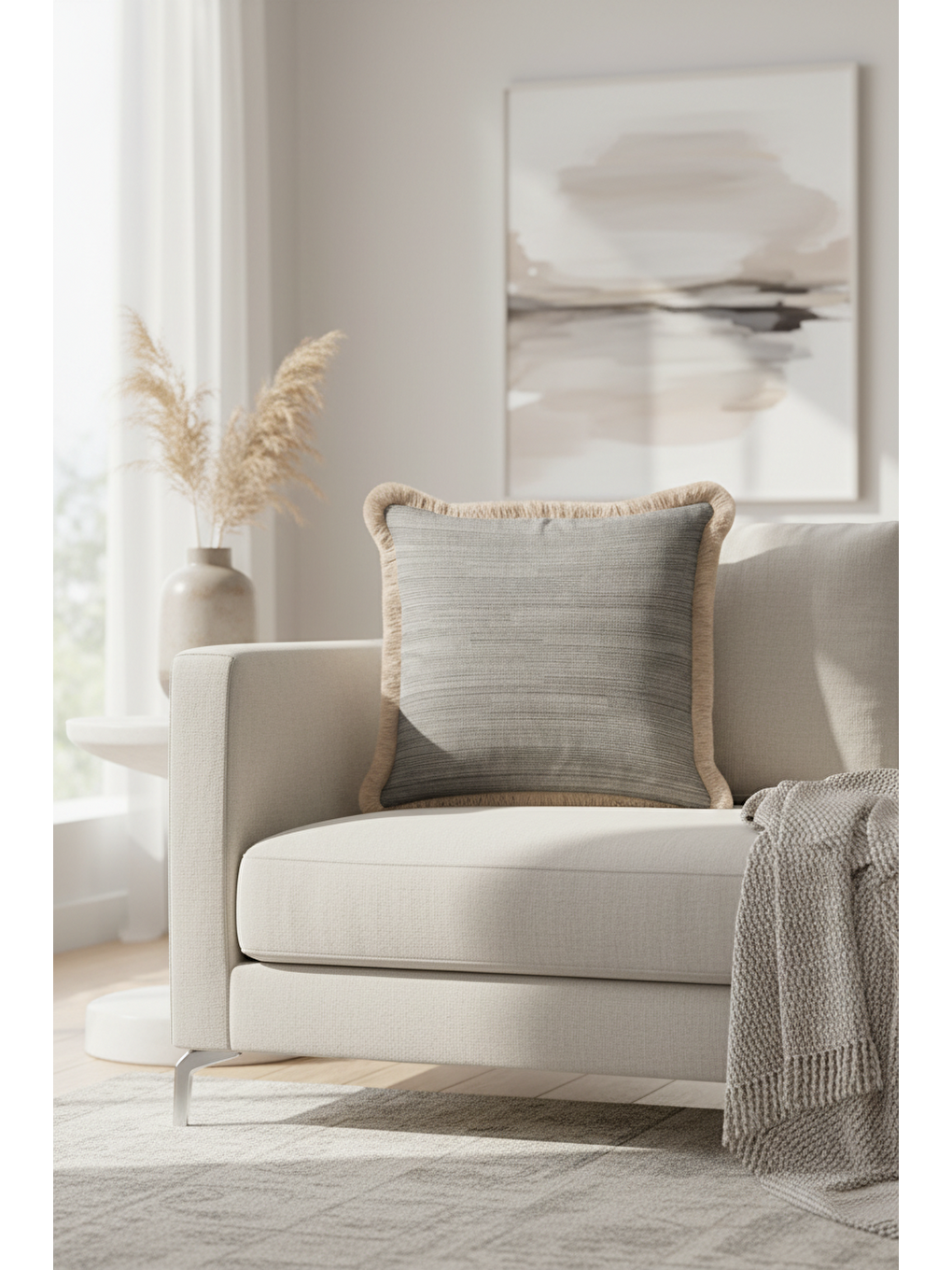 Karışık Zarif Dokulu Saçaklı Yastık Kılıfı - Minimalist Modern Gri Bej Püsküllü Kırlent Kılıfı-3