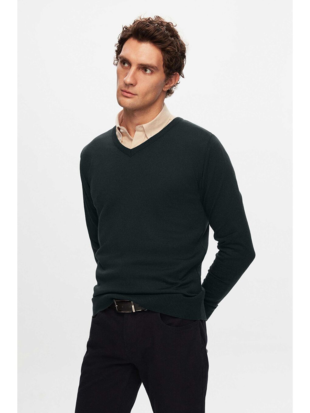 Regular Fit Haki Düz V Yaka Triko Kazak-1