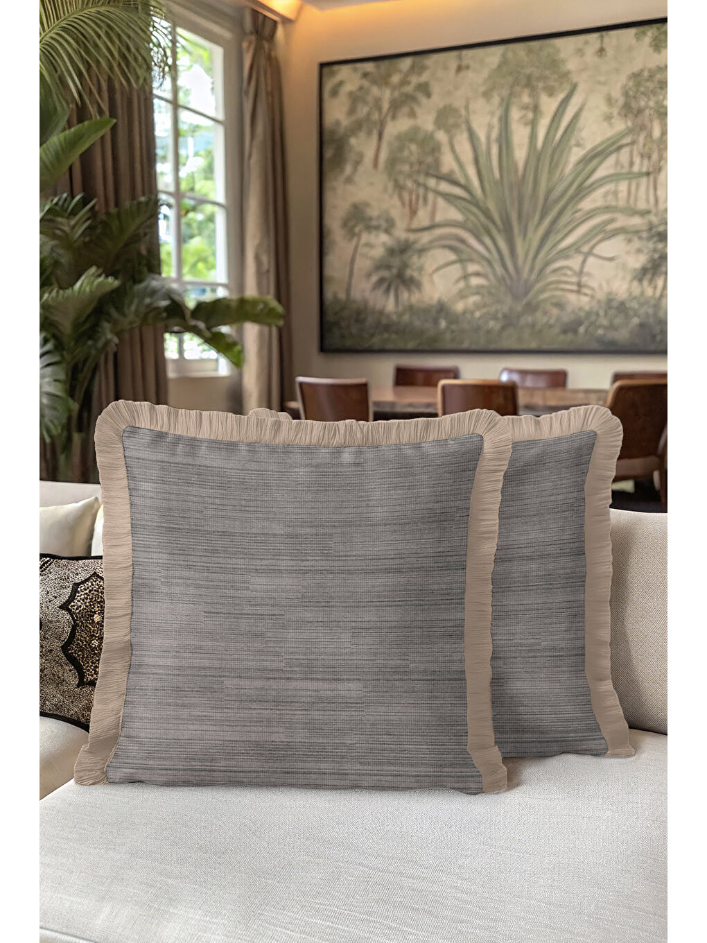 Karışık Zarif Dokulu Saçaklı Yastık Kılıfı - Minimalist Modern Gri Bej Püsküllü Kırlent Kılıfı-5