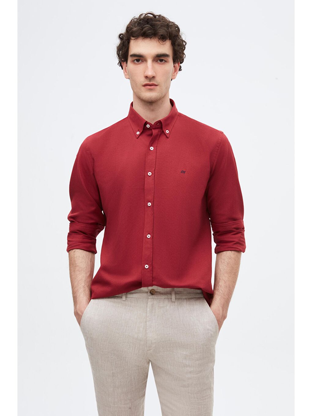 Slim Fit Bordo Oxford Düğmeli Yaka Kolay Ütülenebilir Nakış Detaylı Pamuklu Gömlek-1