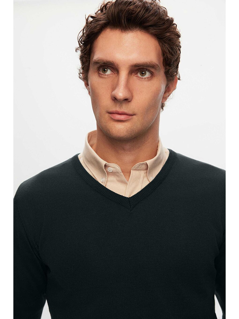 Regular Fit Haki Düz V Yaka Triko Kazak-2