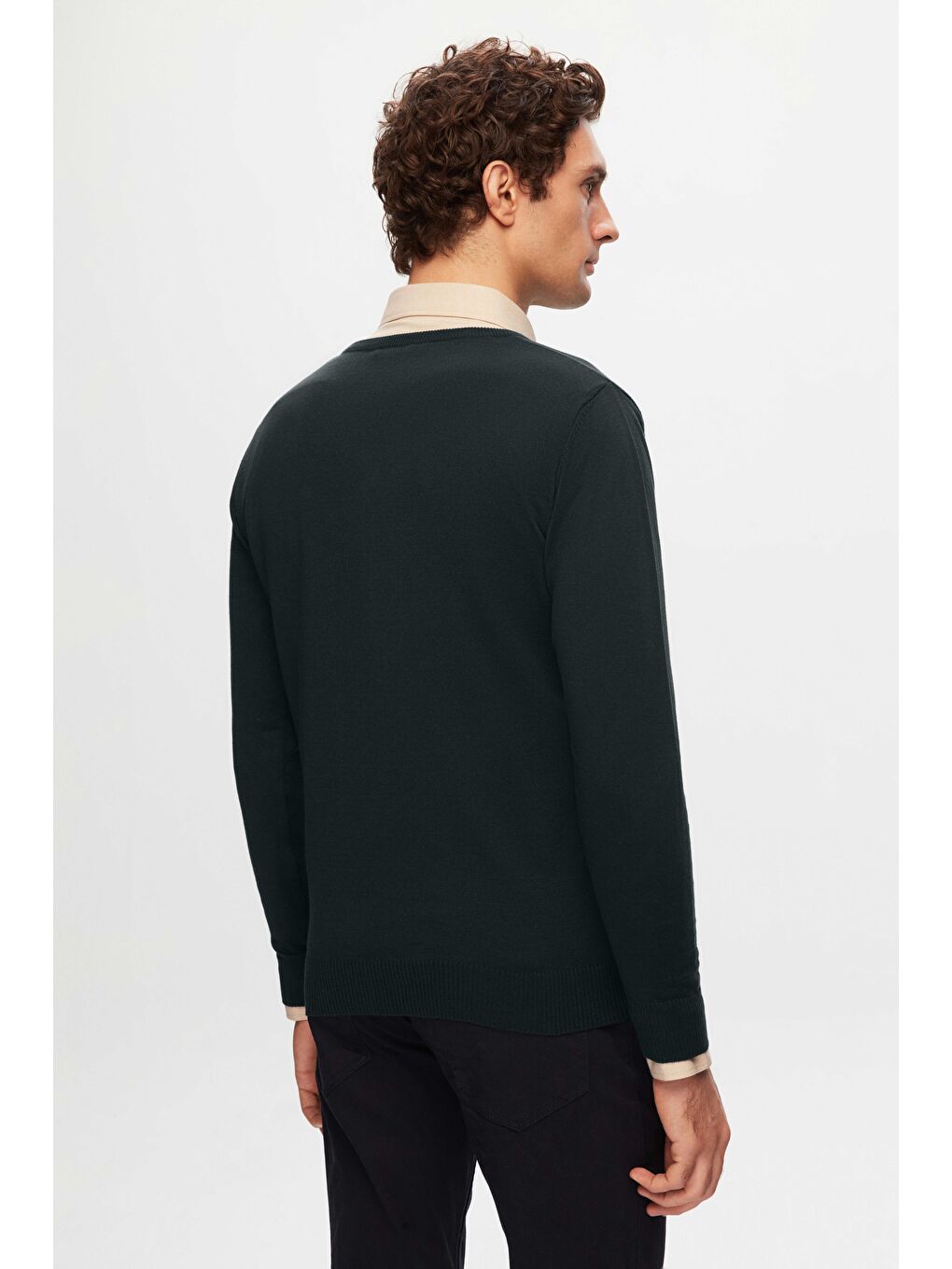 Regular Fit Haki Düz V Yaka Triko Kazak-3