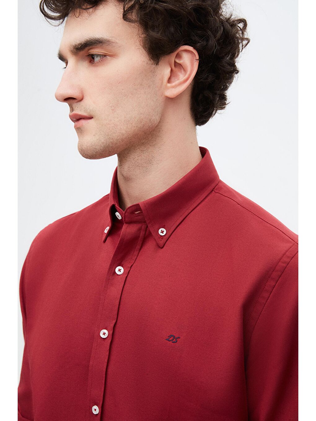 Slim Fit Bordo Oxford Düğmeli Yaka Kolay Ütülenebilir Nakış Detaylı Pamuklu Gömlek-2