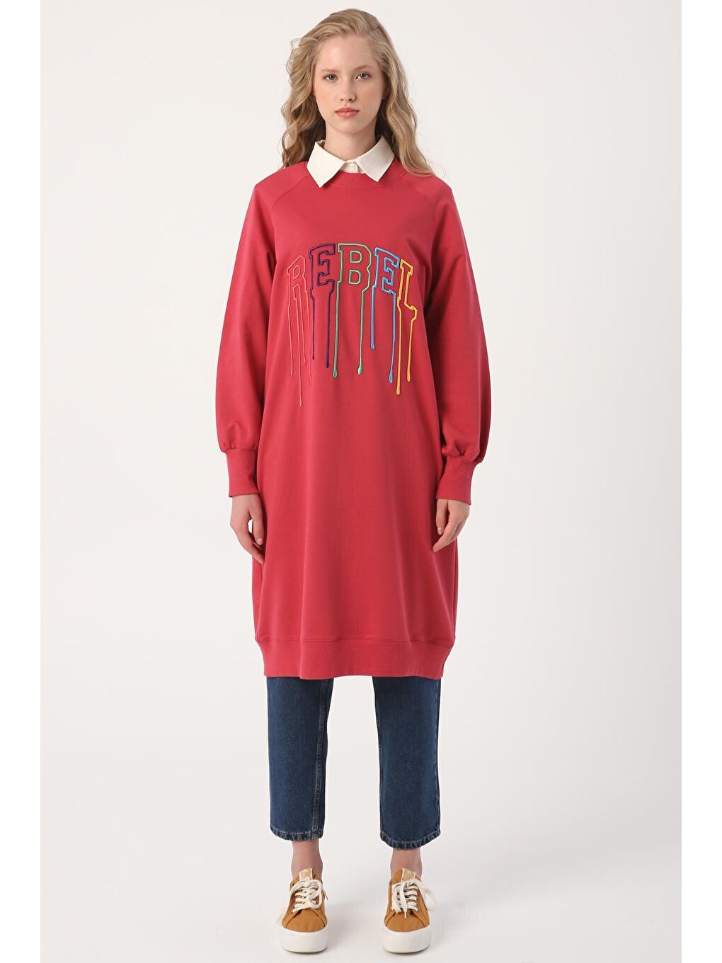 Pembe Gül Yazı Nakışlı Reglan Kol Sweat Tunik-1