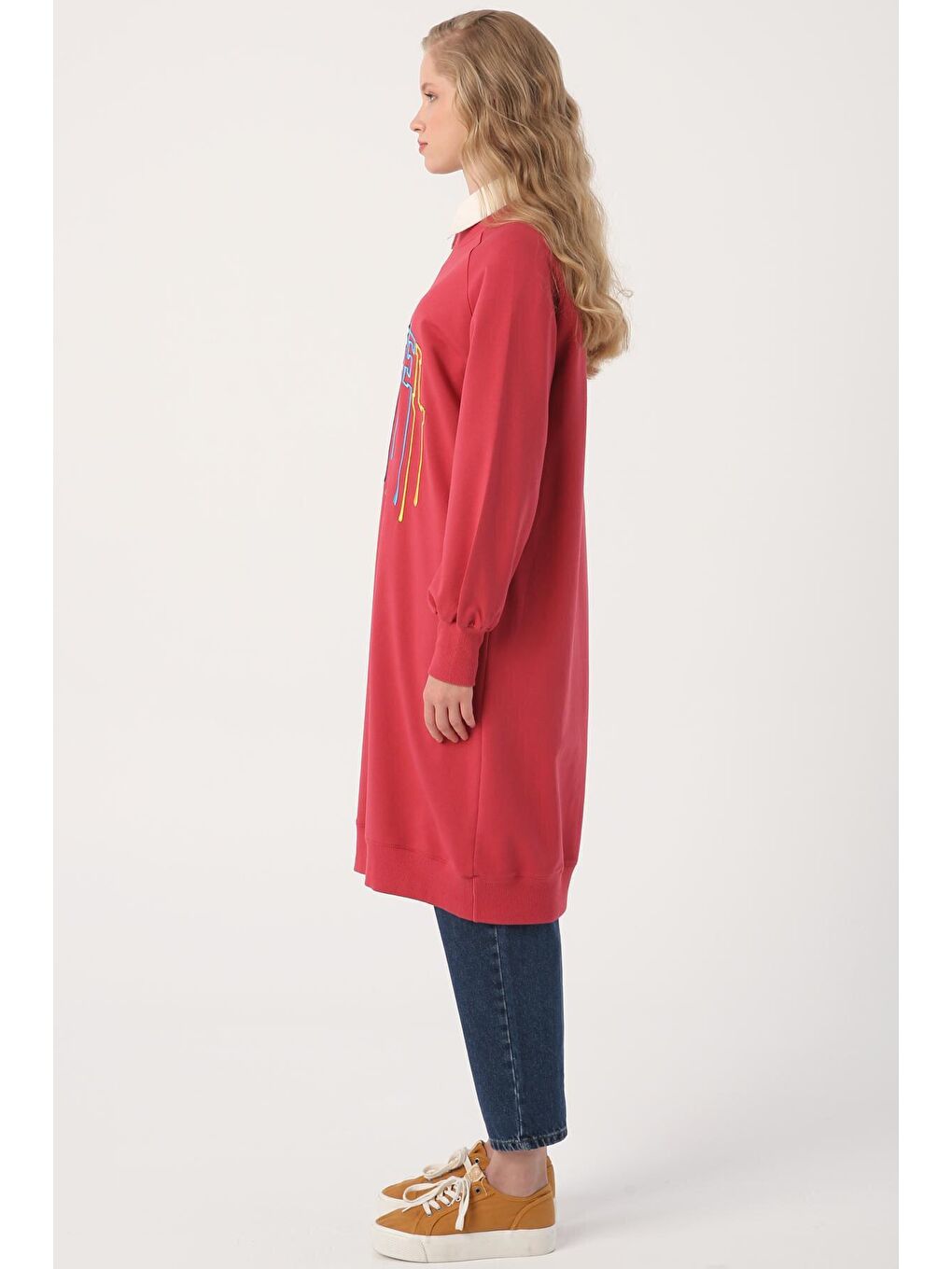 Pembe Gül Yazı Nakışlı Reglan Kol Sweat Tunik-2