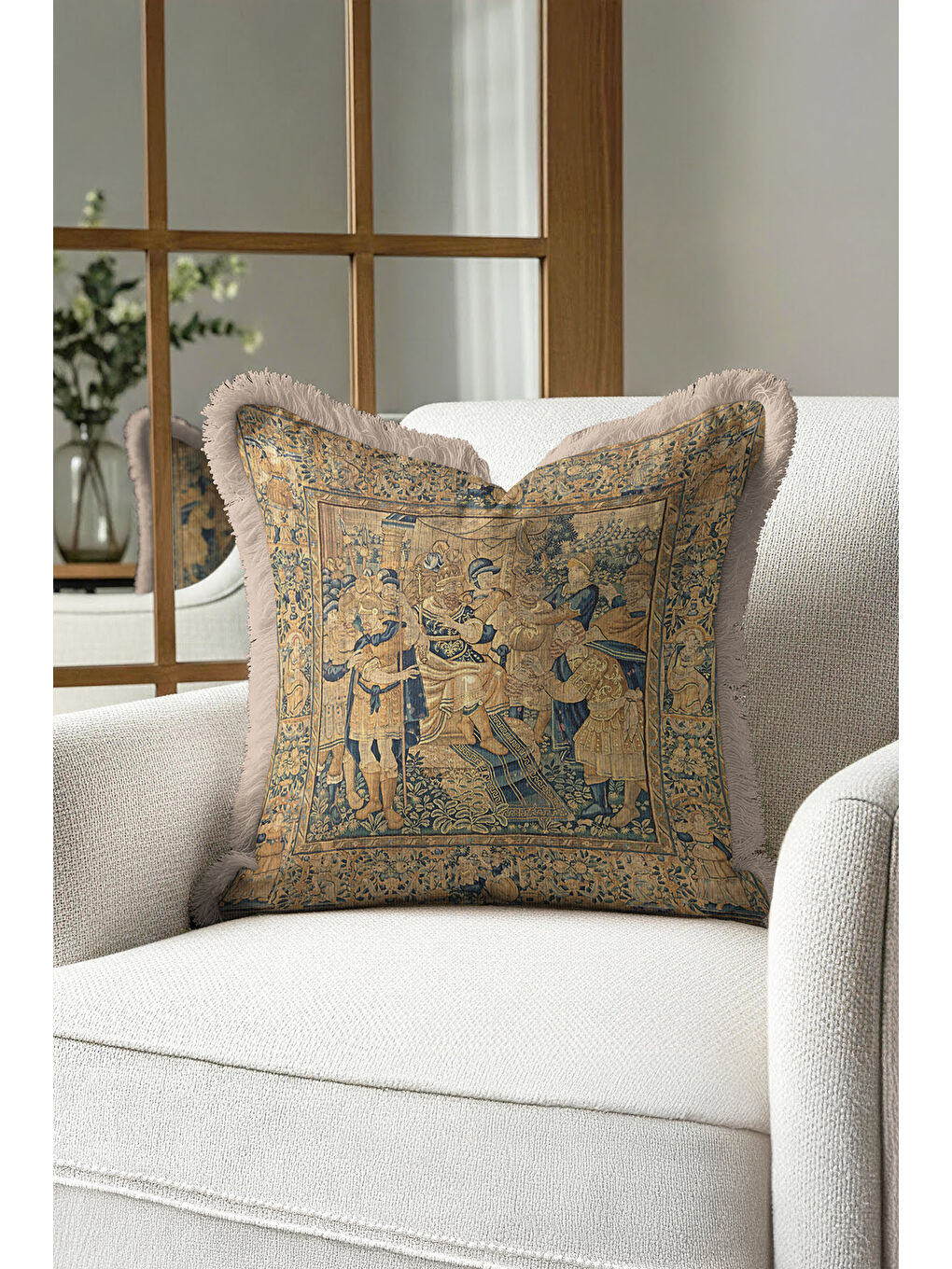 Karışık Barok Saray Şıklığı Saçaklı Yastık Kılıfı - Vintage Klasik Rustik Mavi Altın Püsküllü Kırlent Kılıfı-2